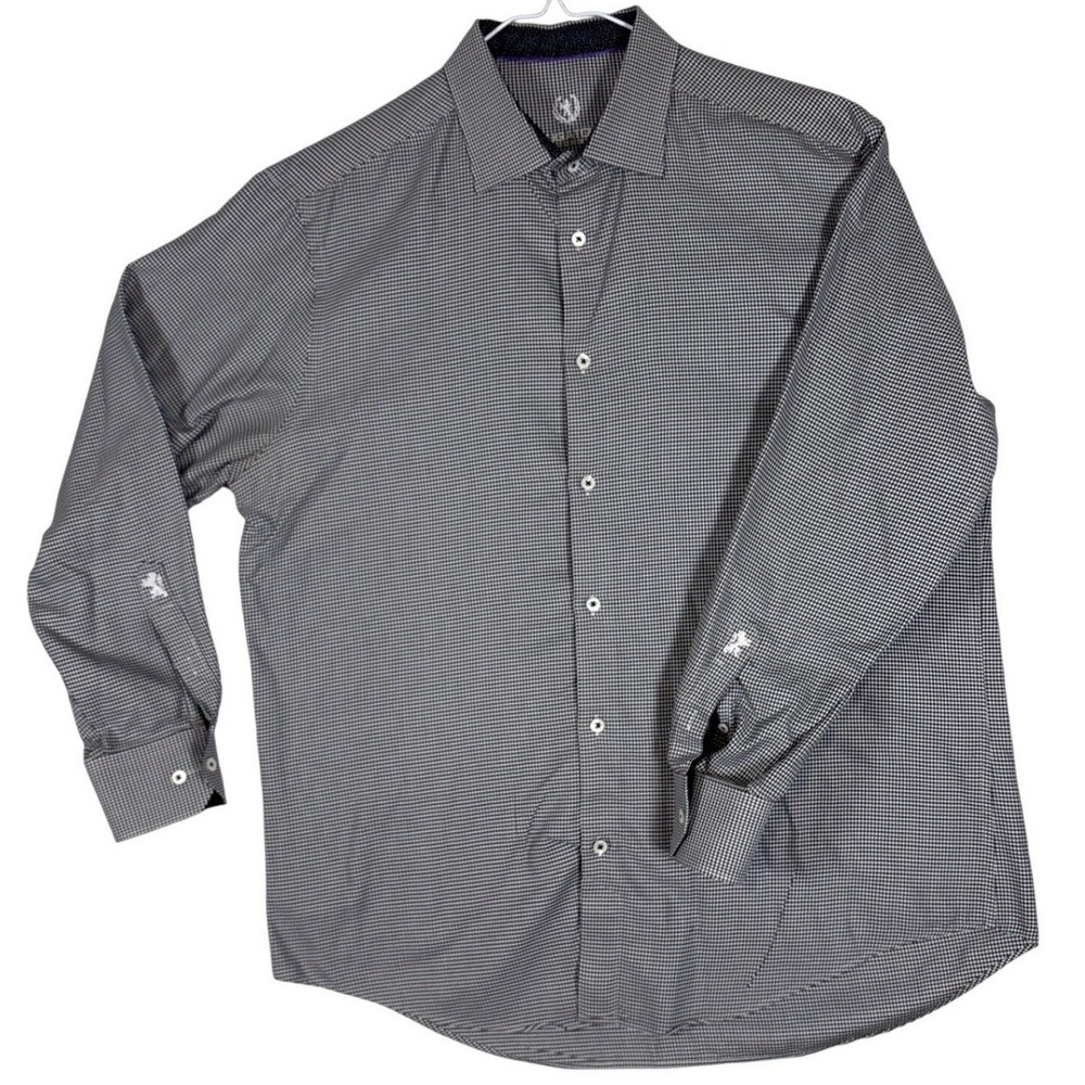 Bugatchi Uomo Mens Houndstooth Long Sleeve Button Down Shirt Black White 17.5 XL